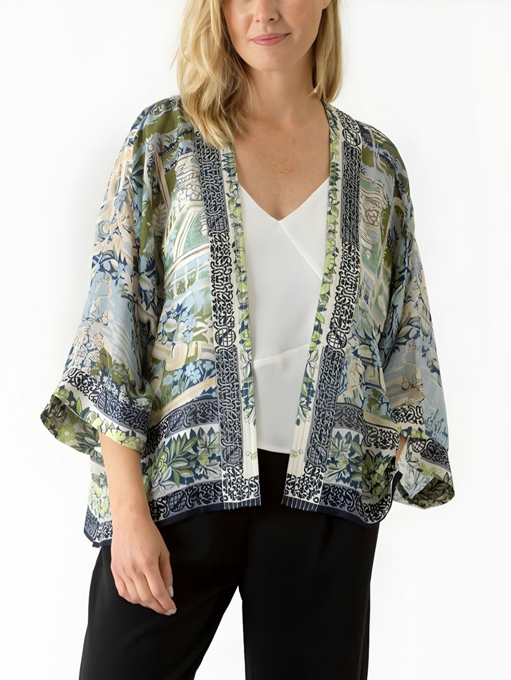 One Hundred Stars Boho Cropped Green Kimono, OS